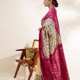 Yellow Pink Printed Madhubani Silk Saree
