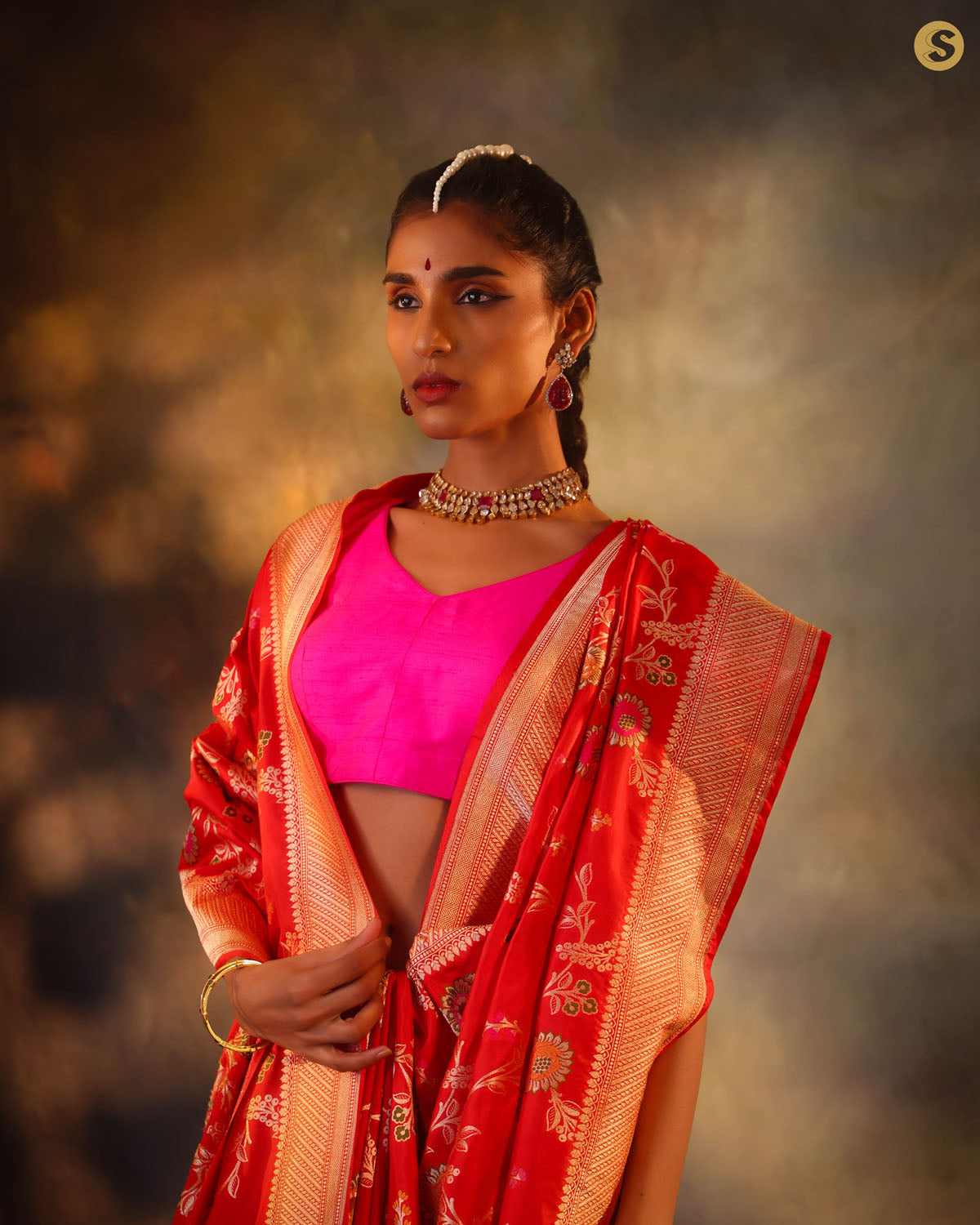 Vermillion Red Garden Banarasi Silk Saree