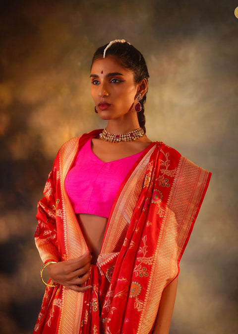 <img> Vermillion Red Garden Banarasi Silk Saree