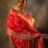 Vermillion Red Garden Banarasi Silk Saree