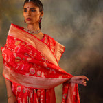 Vermillion Red Garden Banarasi Silk Saree