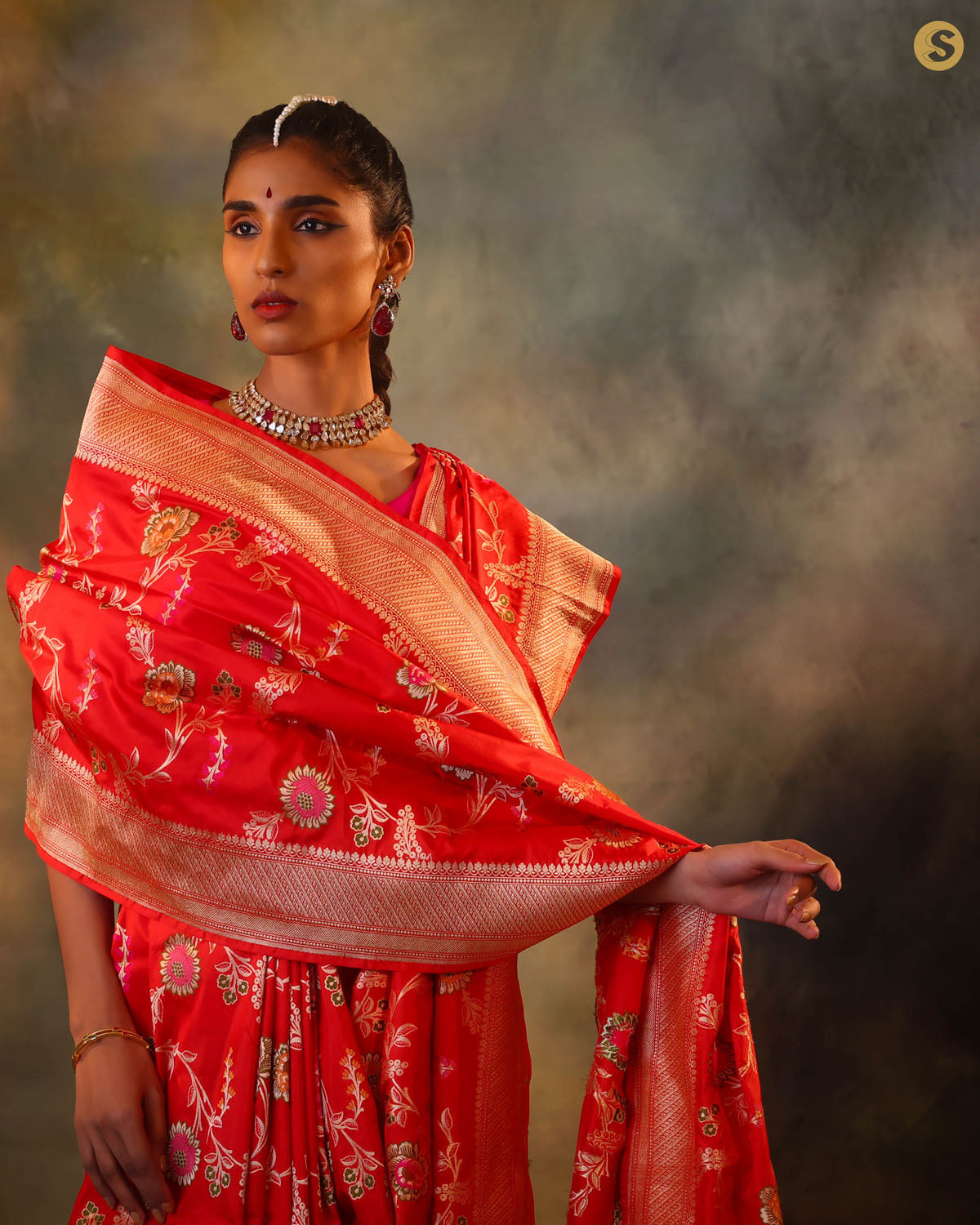 Vermillion Red Garden Banarasi Silk Saree