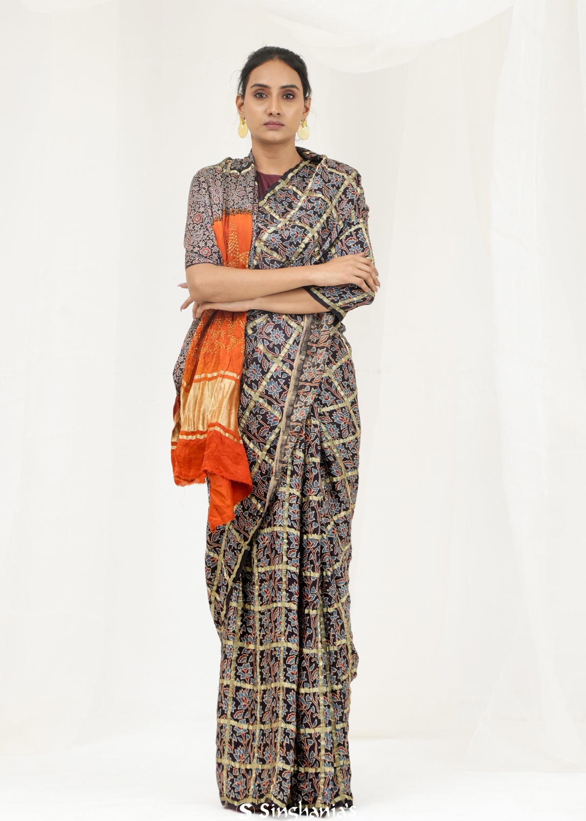 Rich Black Bandhani Ajrakh Silk Handloom Saree