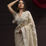 Royal Beige Tissue Designer Saree With Floral Embroidery