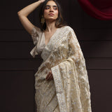 Royal Beige Tissue Designer Saree With Floral Embroidery