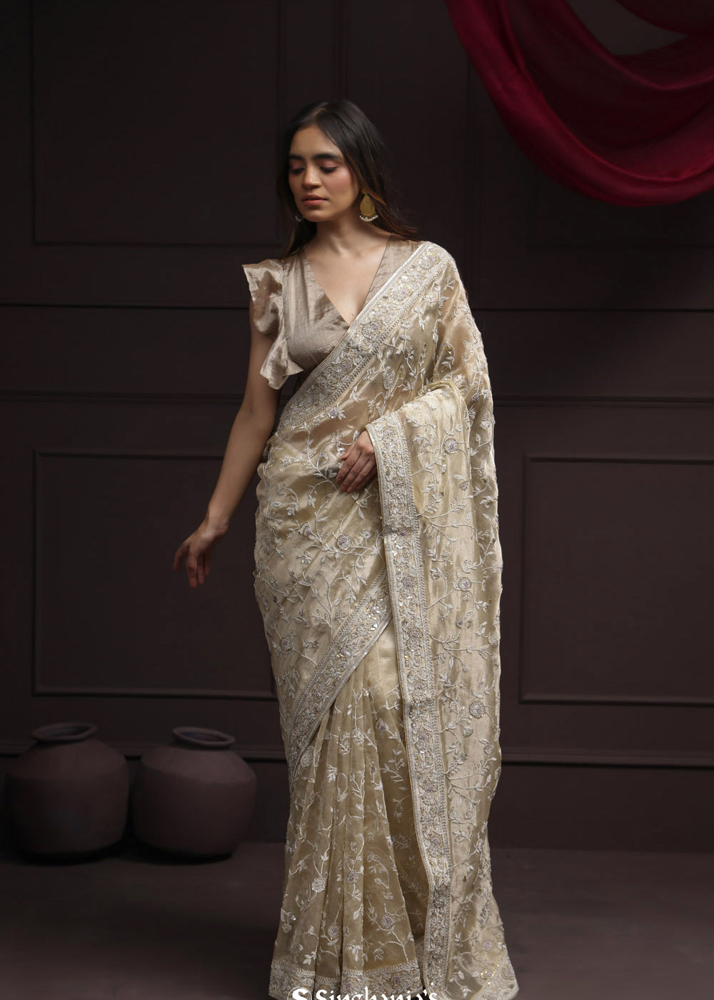 Royal Beige Tissue Designer Saree With Floral Embroidery