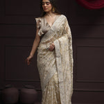 Royal Beige Tissue Designer Saree With Floral Embroidery