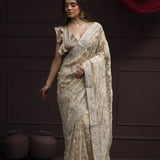 Royal Beige Tissue Designer Saree With Floral Embroidery