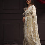 Royal Beige Tissue Designer Saree With Floral Embroidery
