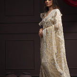 Royal Beige Tissue Designer Saree With Floral Embroidery