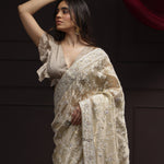 Royal Beige Tissue Designer Saree With Floral Embroidery