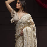 Royal Beige Tissue Designer Saree With Floral Embroidery
