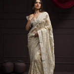 Royal Beige Tissue Designer Saree With Floral Embroidery