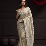 Royal Beige Tissue Designer Saree With Floral Embroidery