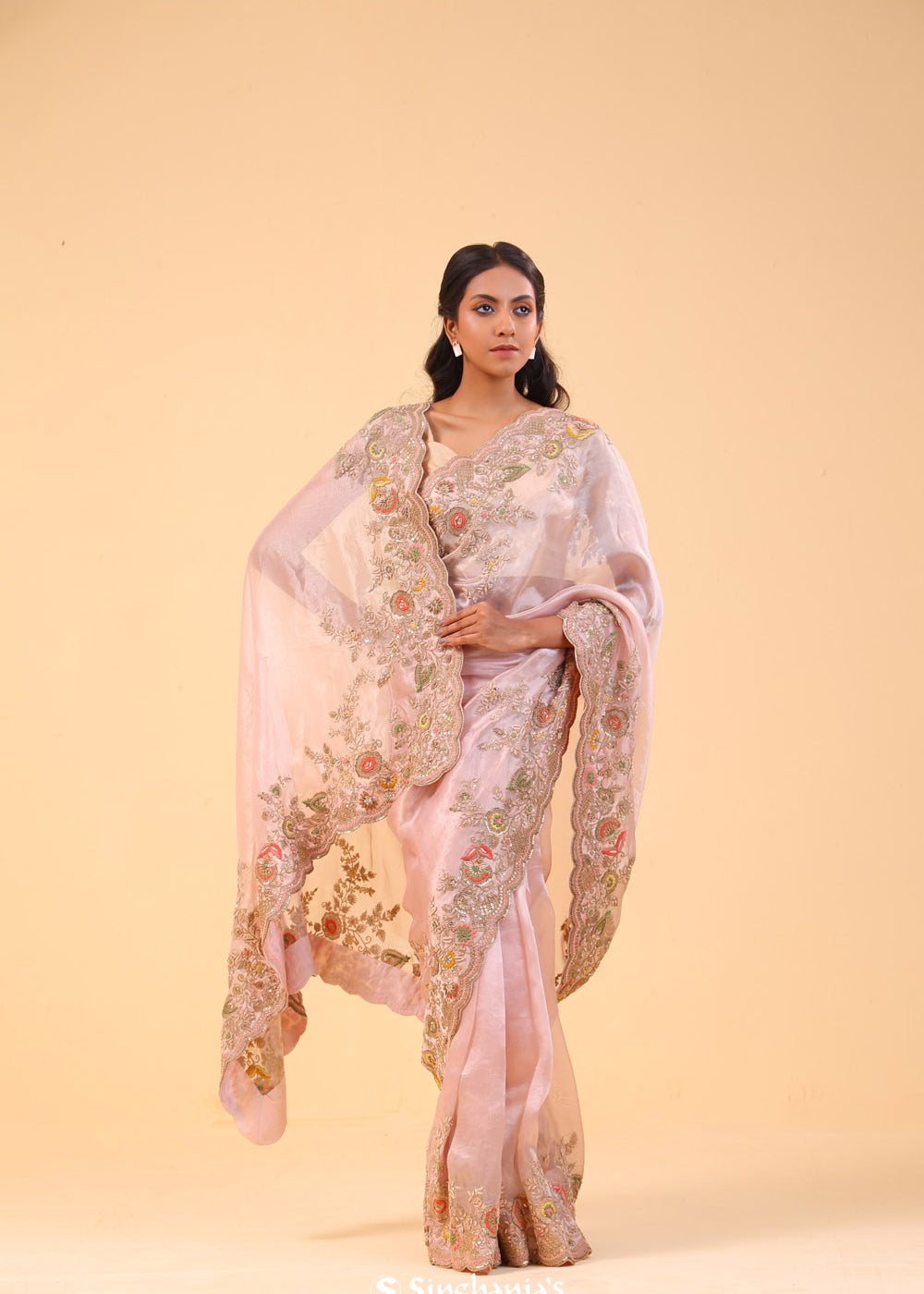 Dusty Pink Tissue Handcrafted Saree