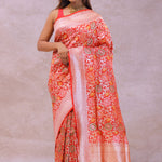Vibrant Orange Banarasi Silk Saree With Meenakari Design