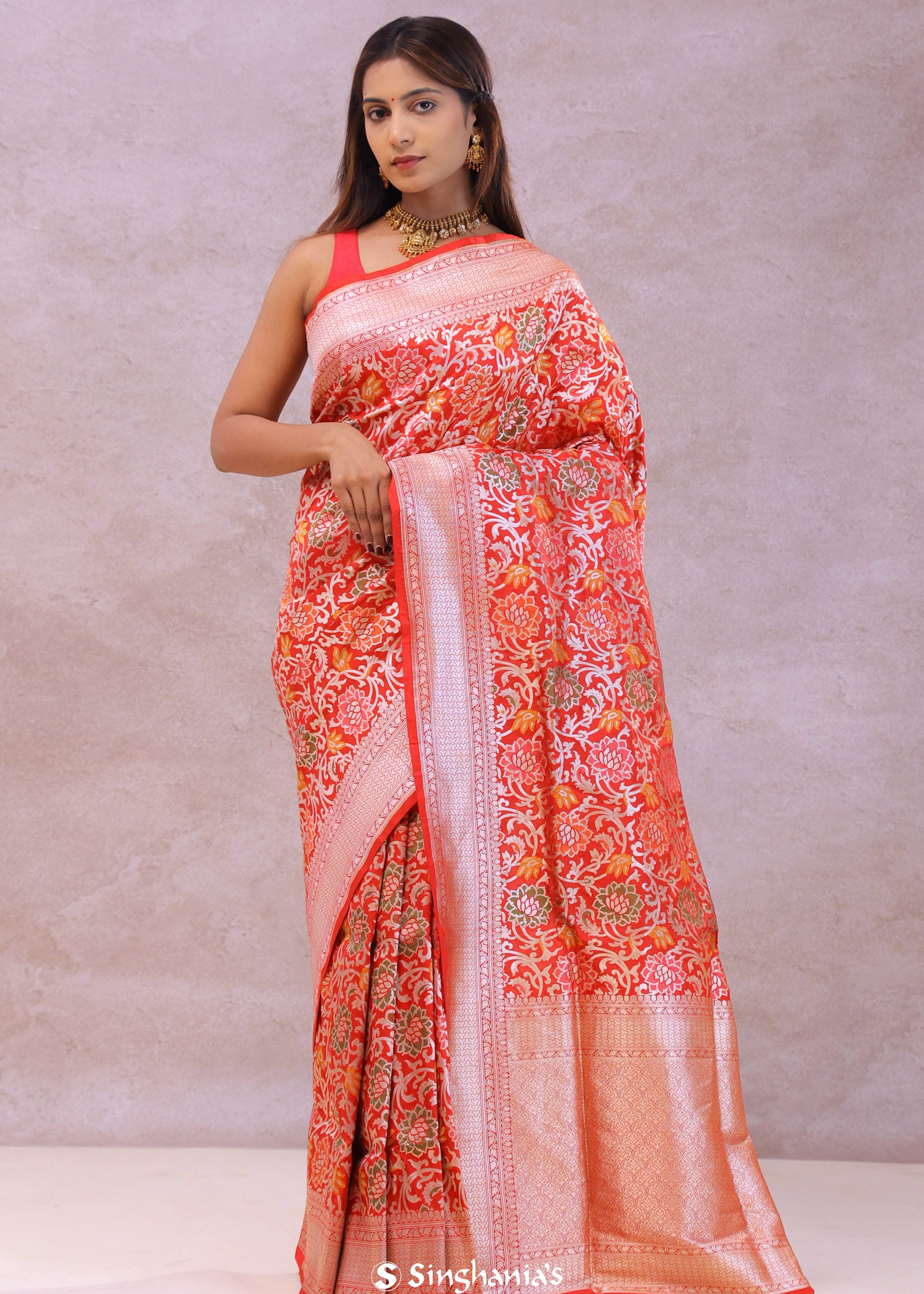 Vibrant Orange Banarasi Silk Saree With Meenakari Design