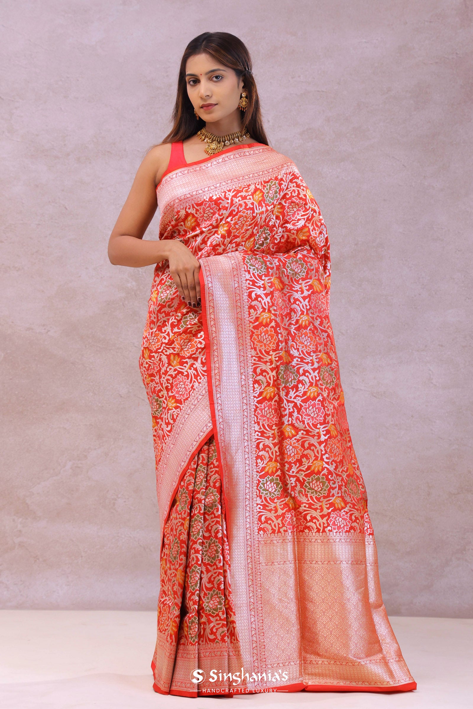 Vibrant Orange Banarasi Silk Saree With Meenakari Design