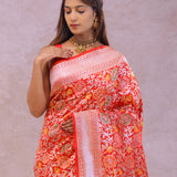 Vibrant Orange Banarasi Silk Saree With Meenakari Design