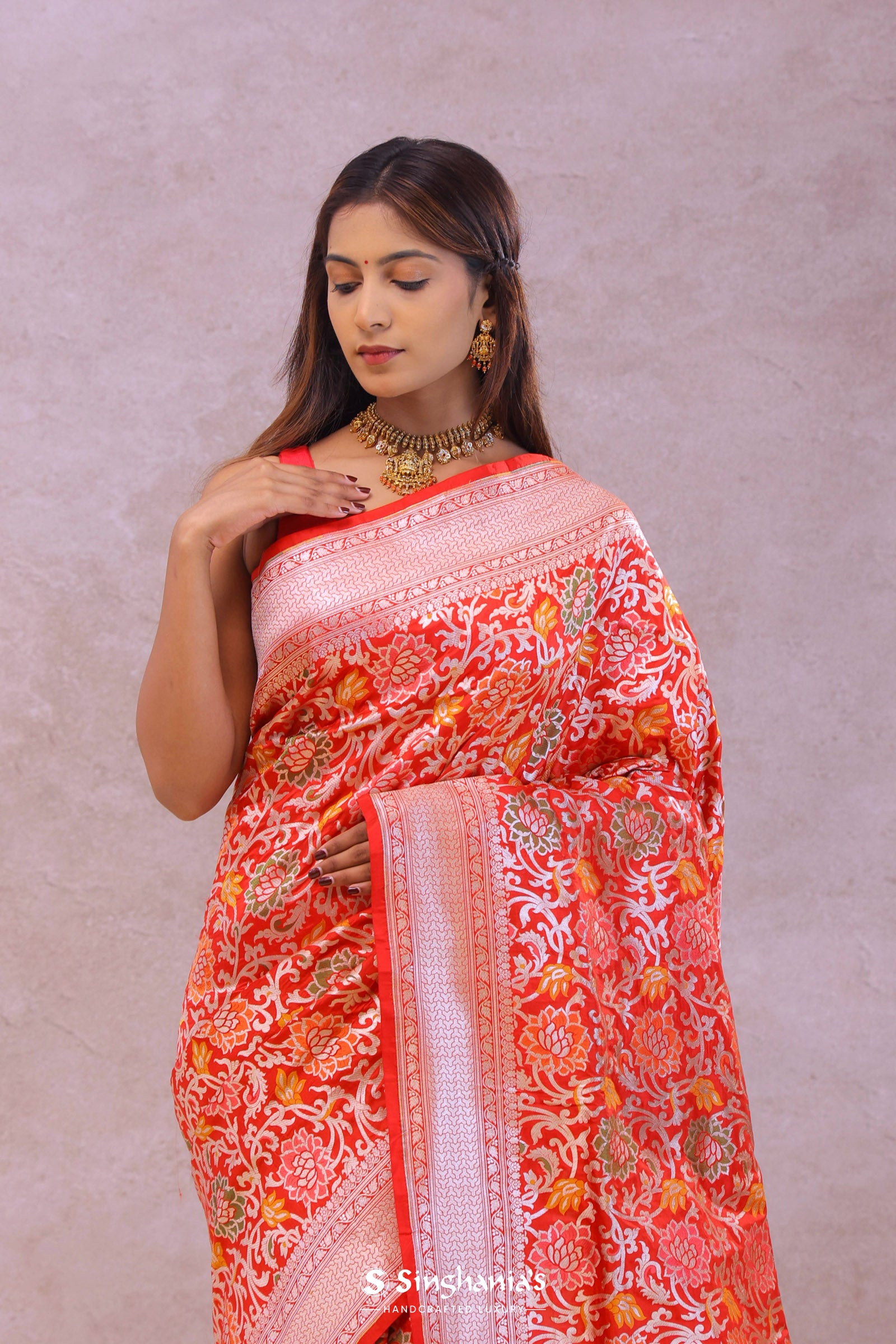 Vibrant Orange Banarasi Silk Saree With Meenakari Design