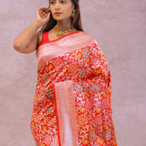Vibrant Orange Banarasi Silk Saree With Meenakari Design