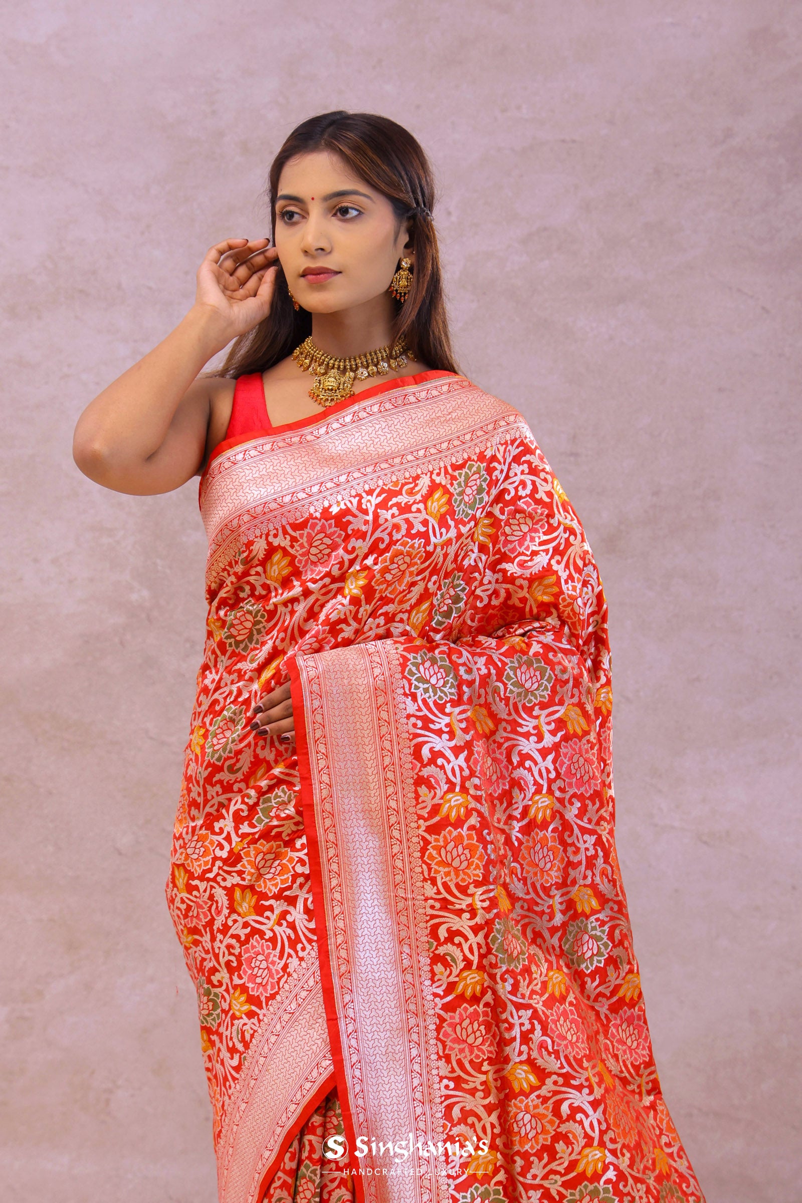 Vibrant Orange Banarasi Silk Saree With Meenakari Design