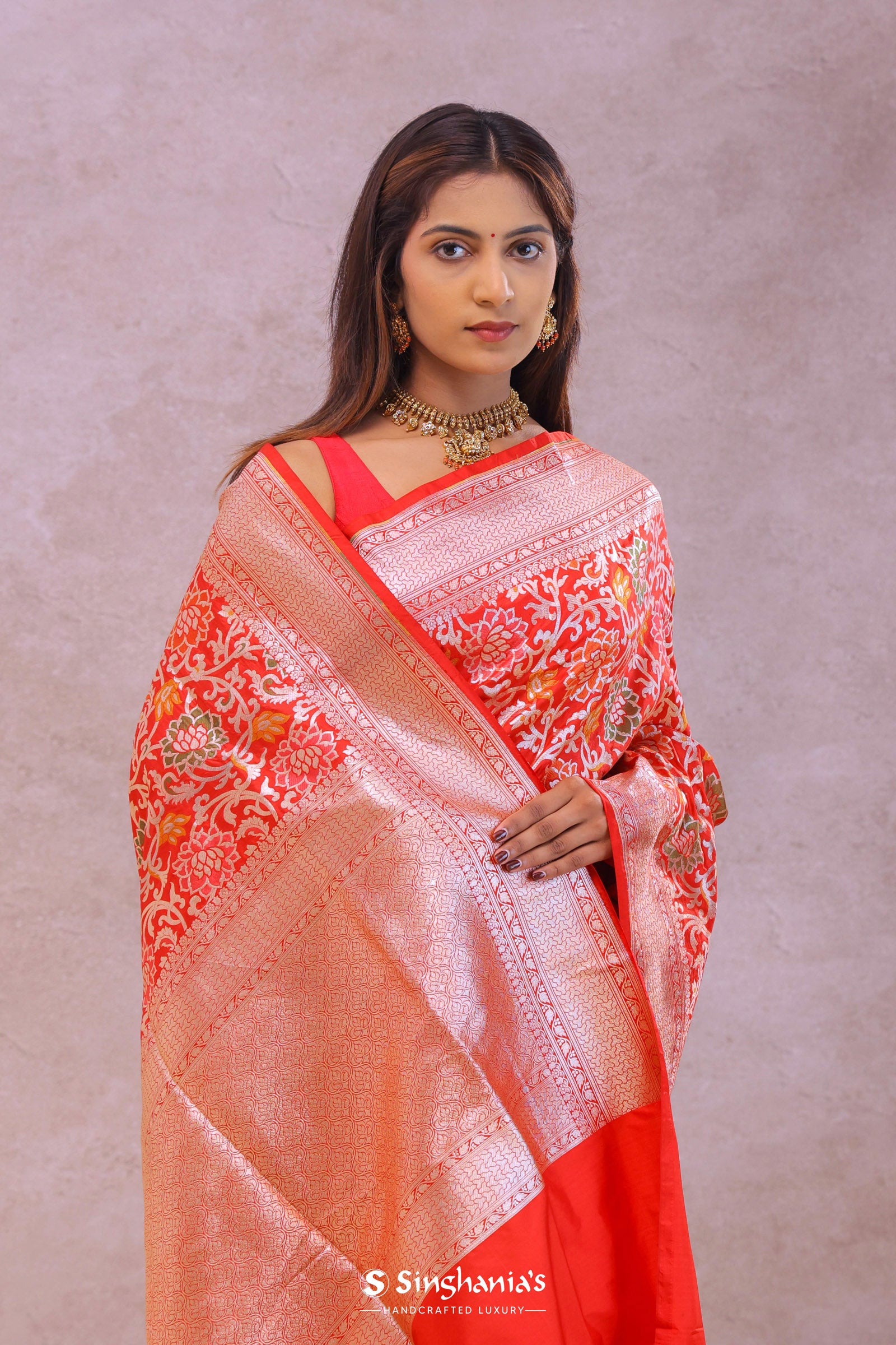 Vibrant Orange Banarasi Silk Saree With Meenakari Design