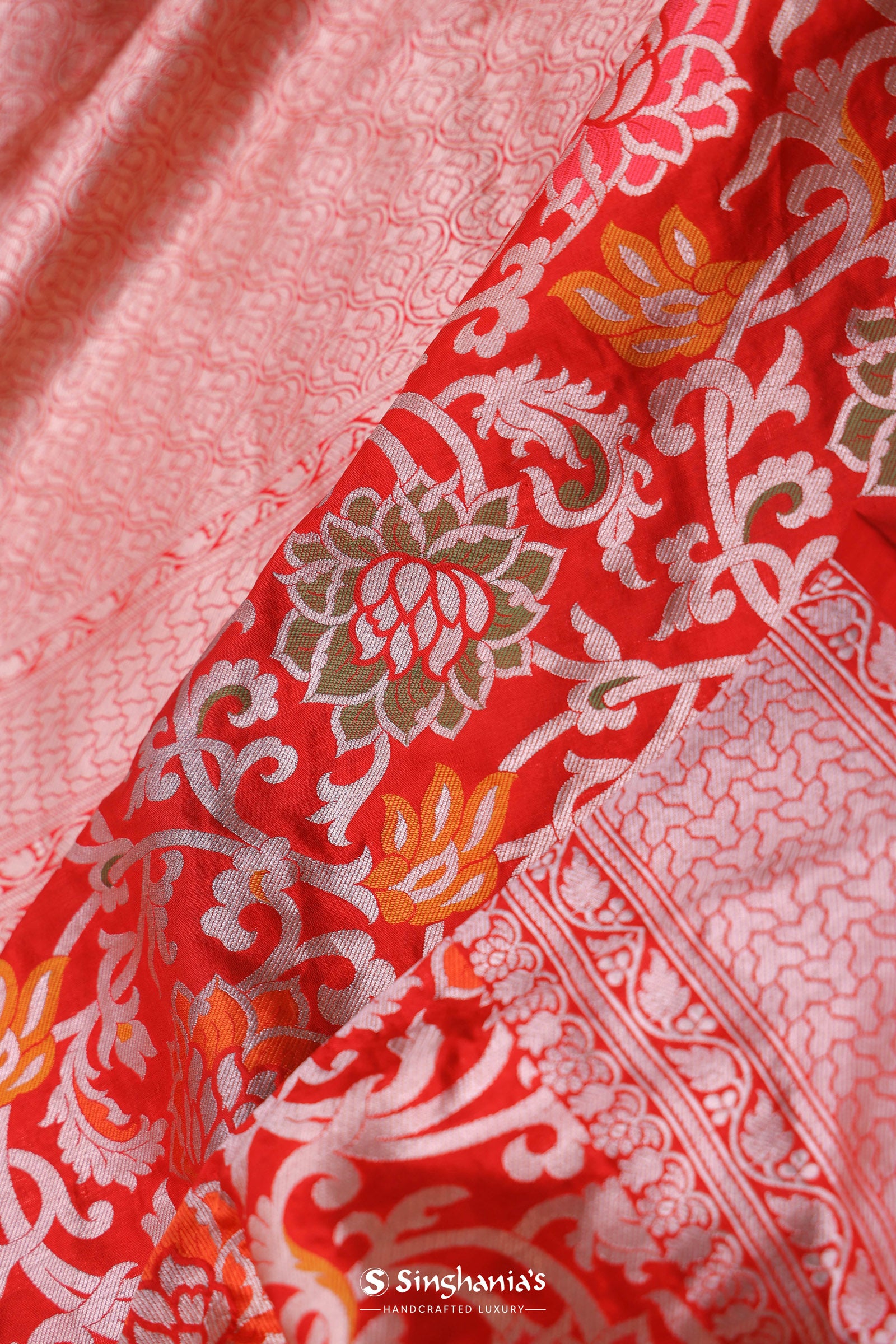 Vibrant Orange Banarasi Silk Saree With Meenakari Design