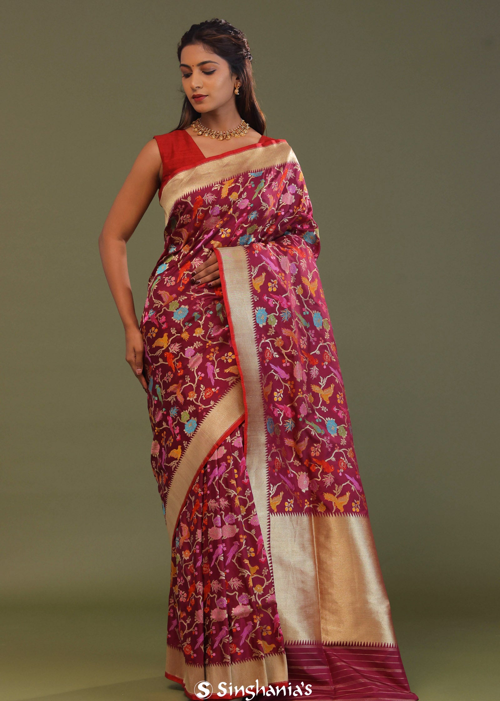 Maroon Banarasi Saree With Meenakari Design