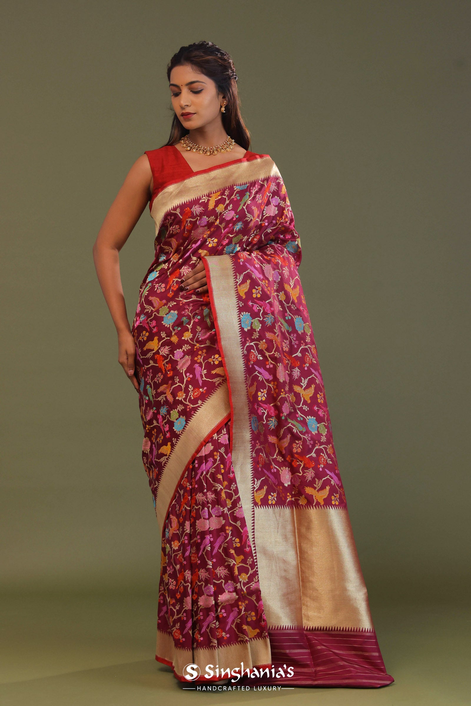 Maroon Banarasi Saree With Meenakari Design