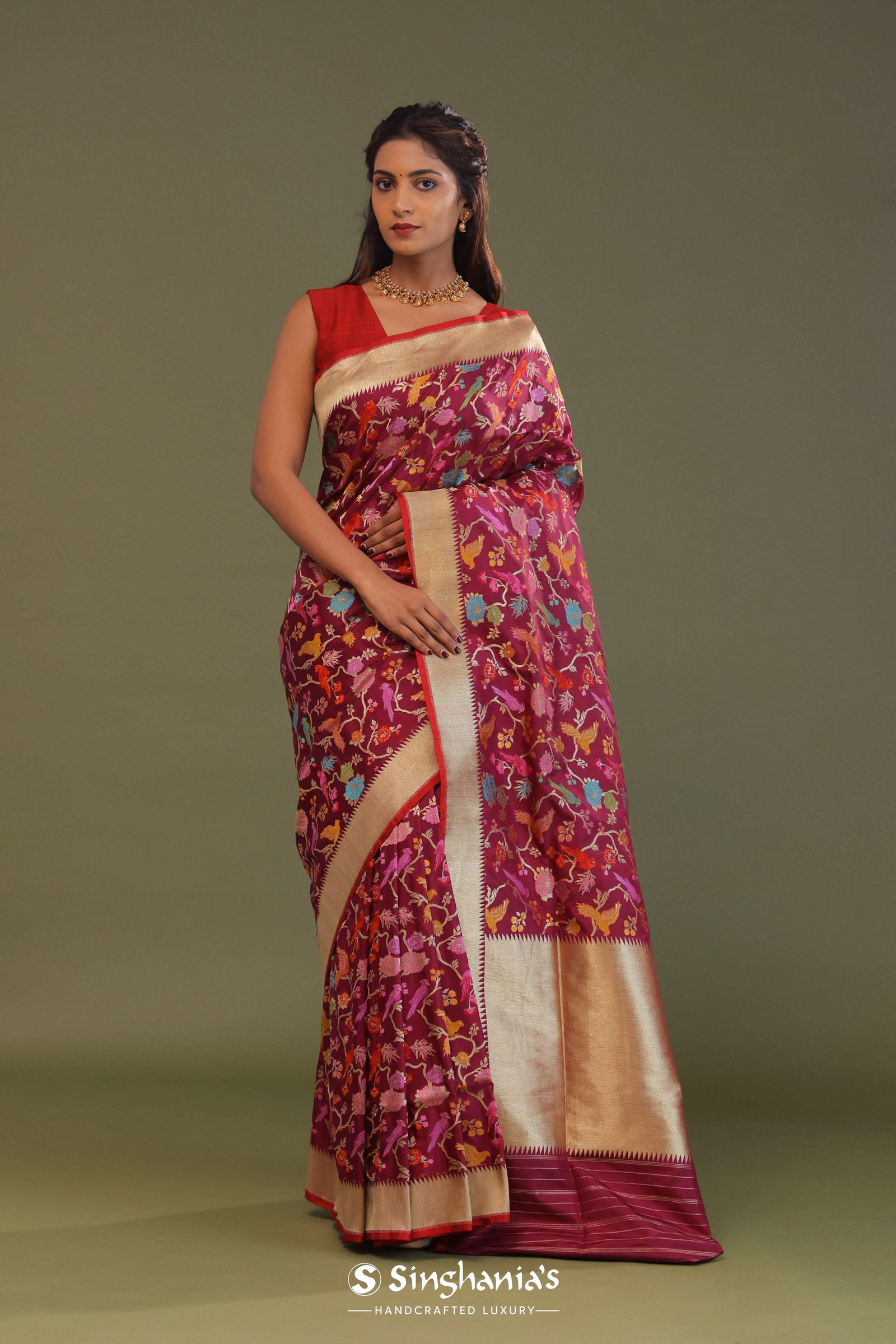 Maroon Banarasi Saree With Meenakari Design