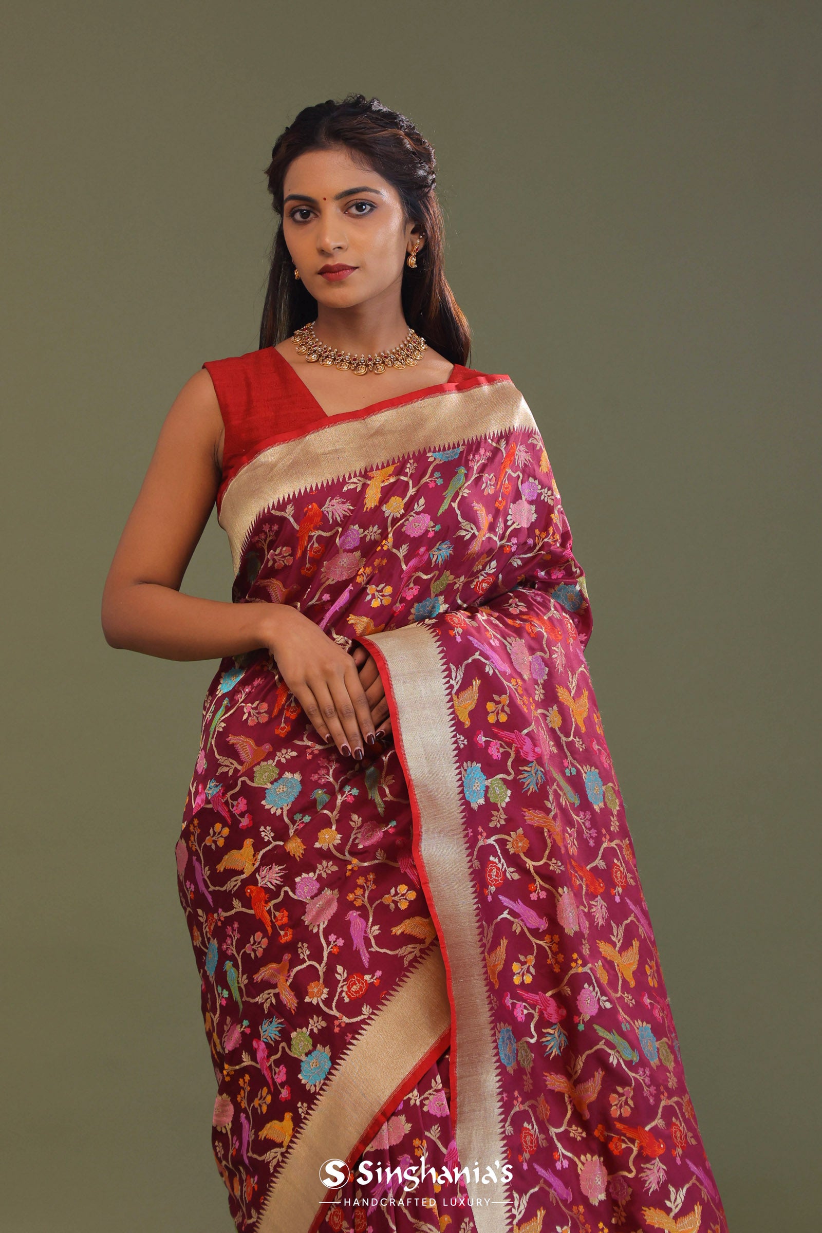 Maroon Banarasi Saree With Meenakari Design
