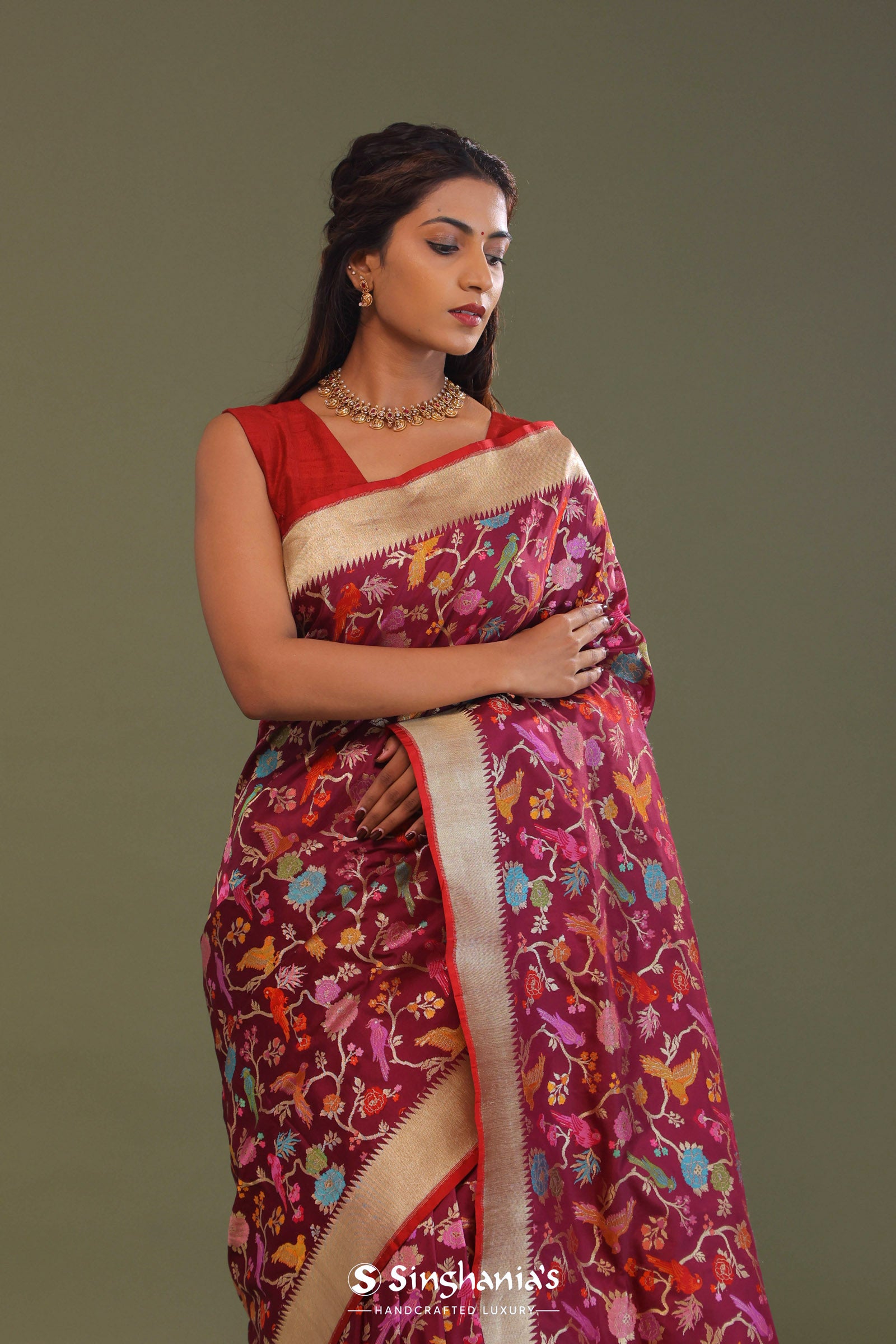 Maroon Banarasi Saree With Meenakari Design