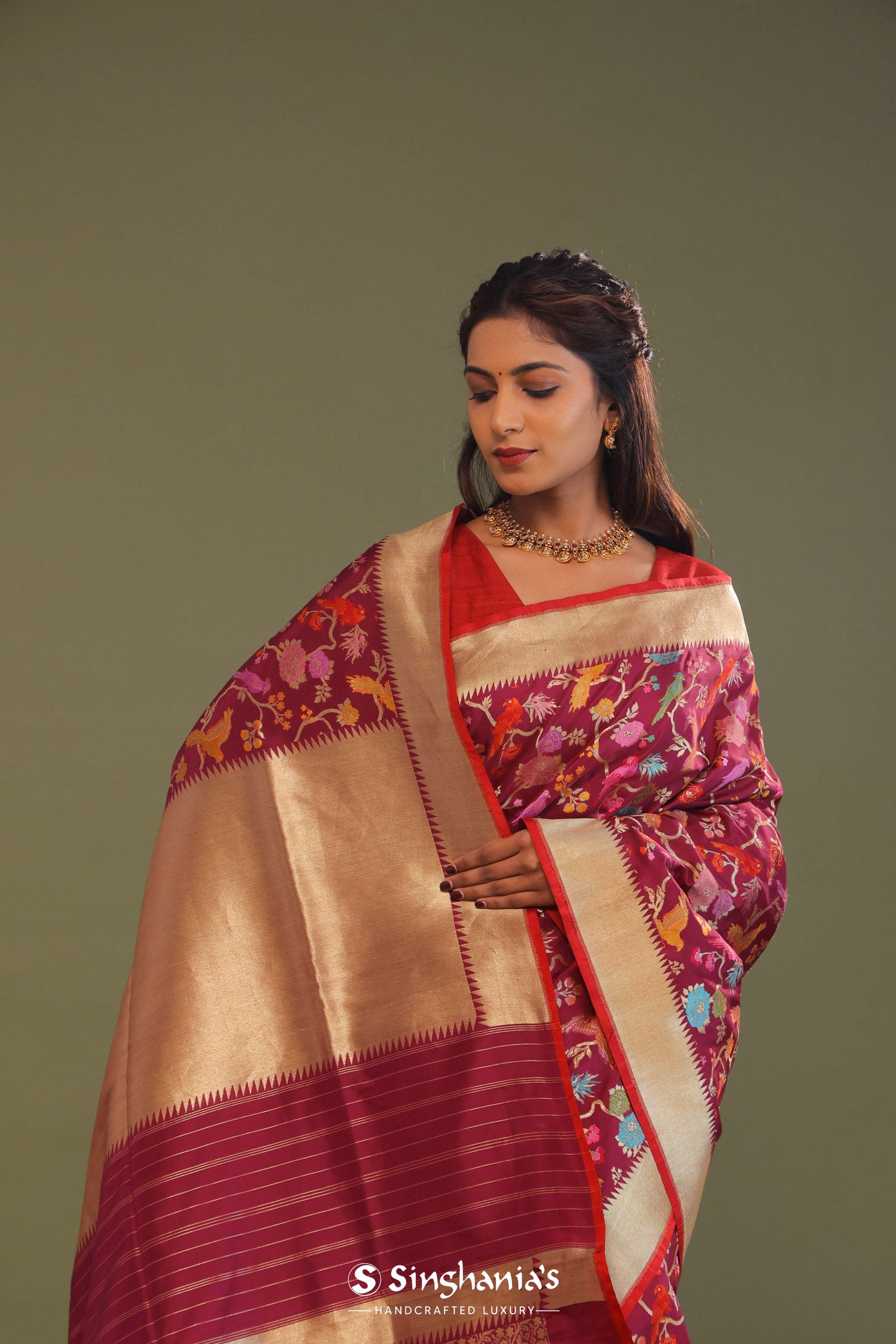 Maroon Banarasi Saree With Meenakari Design
