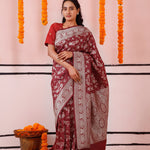 Maroon Pink Banarasi Silk Saree With Floral Design