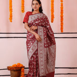 Maroon Pink Banarasi Silk Saree With Floral Design