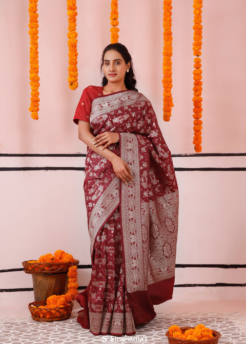 <img> Maroon Pink Banarasi Silk Saree With Floral Design