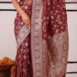 Maroon Pink Banarasi Silk Saree With Floral Design