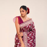Deep Maroon Floral Banarasi Silk Saree