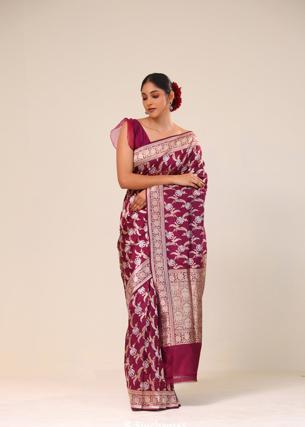 Deep Maroon Floral Banarasi Silk Saree