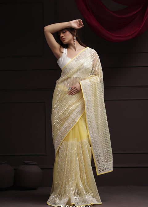 <img> Butter Yellow Net Designer Saree With Sequin Embroidery