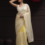 Butter Yellow Net Designer Saree With Sequin Embroidery