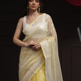 Butter Yellow Net Designer Saree With Sequin Embroidery