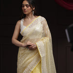 Butter Yellow Net Designer Saree With Sequin Embroidery