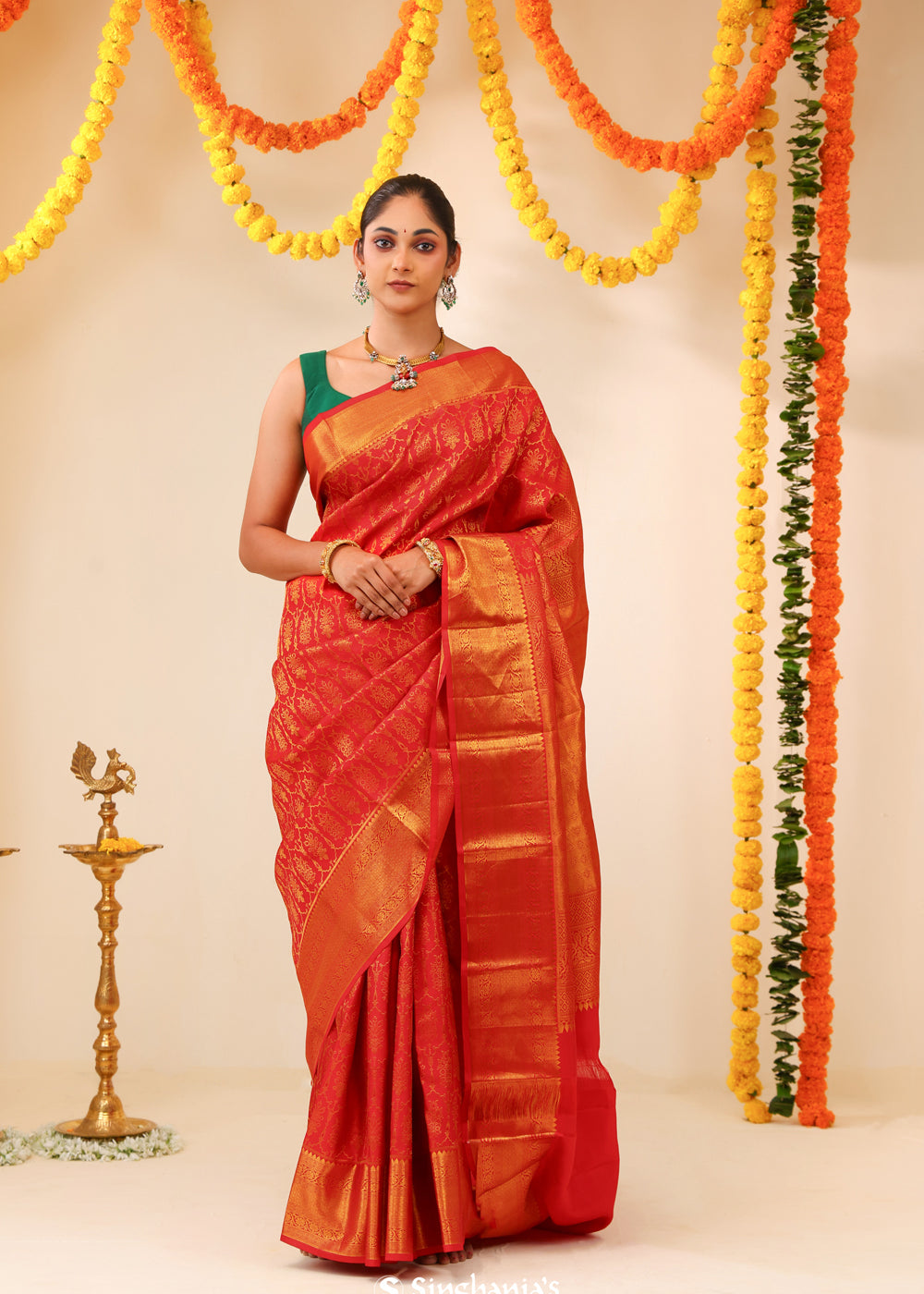 Scarlet Red Kanjivaram Silk Saree With Floral Butta