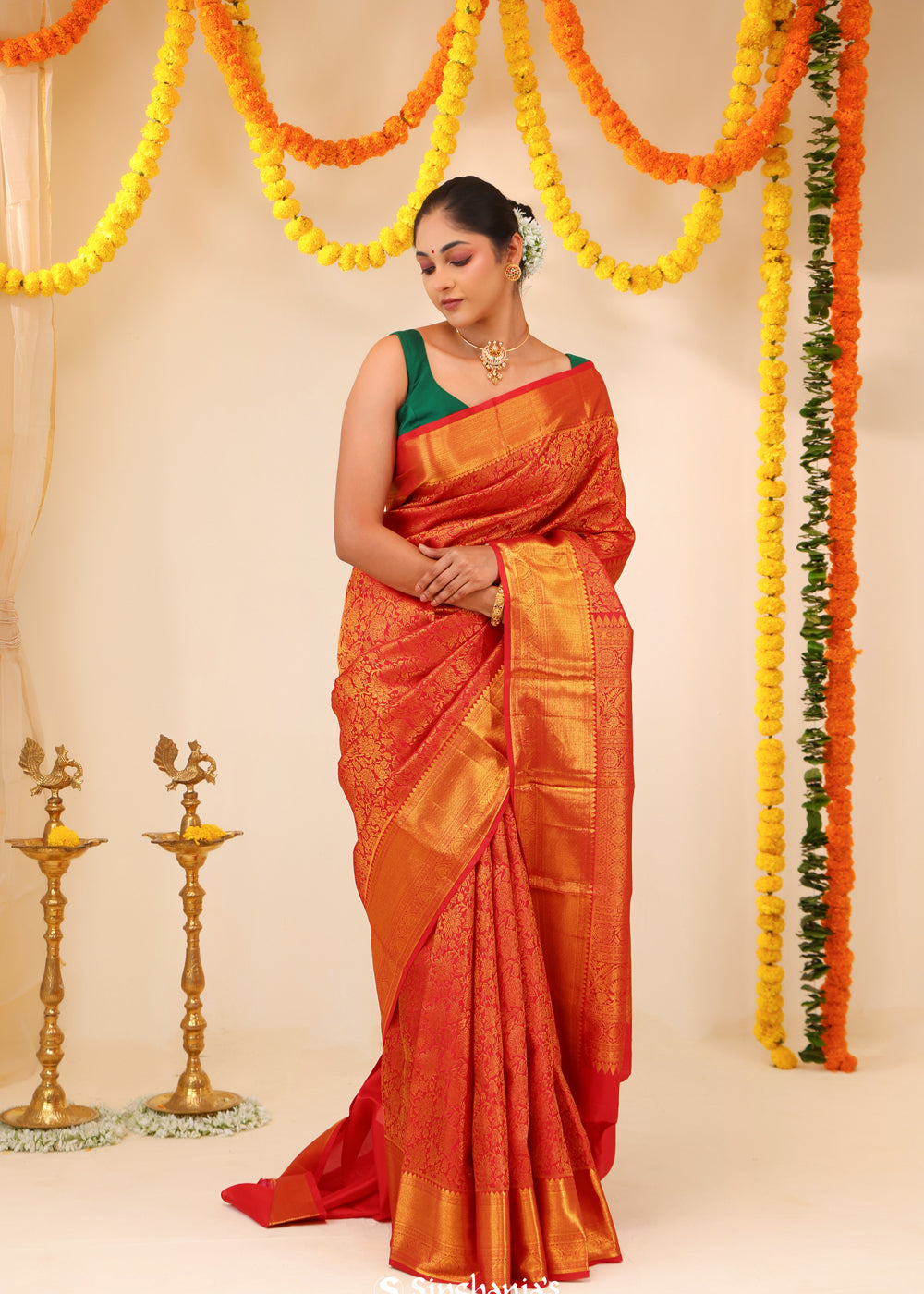 Cadmium Red Kanjivaram Silk Saree With Floral Jaal Weaving