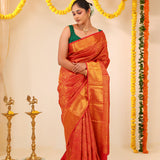 Cadmium Red Kanjivaram Silk Saree With Floral Jaal Weaving