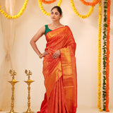 Cadmium Red Kanjivaram Silk Saree With Floral Jaal Weaving