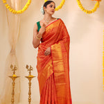 Cadmium Red Kanjivaram Silk Saree With Floral Jaal Weaving