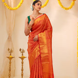 Cadmium Red Kanjivaram Silk Saree With Floral Jaal Weaving